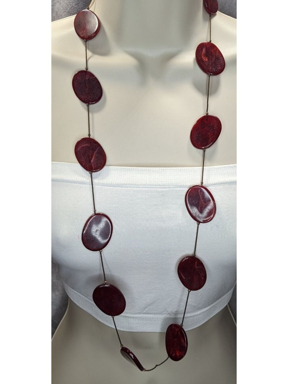 Boho Long Burgundy Lucite Station Necklace Swirl Oval Beads Artsy Retro Statemen